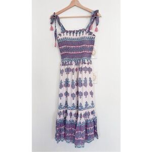 Bell by Alicia Bell || Smocked Tie Shoulder Tassel Midi Dress White Pink XS